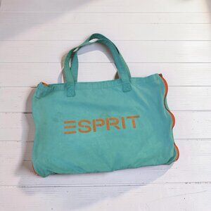 Vintage 80s Esprit Canvas Tote Bag Teal Orange Spell Out Hong Kong Retro Beach